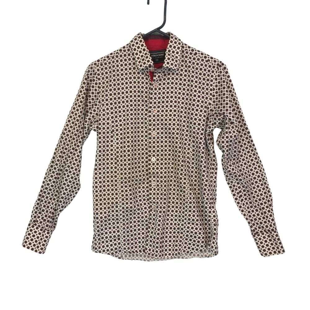 Lamasini Jeans Mens White‎ Red Small Print Long Sleeve Dress Shirt S